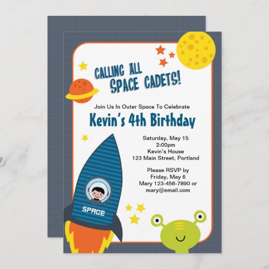 Weltraumjunge zum Geburtstag Einladung (Vorne/Hinten)