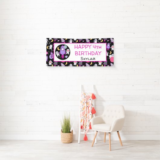 Weltraumkätzchen Katzenastronaut Lila Geburtstag Banner (Insitu)