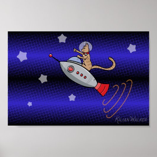 Weltraumkatze auf einer Retro-Rocketship Poster (Vorne)