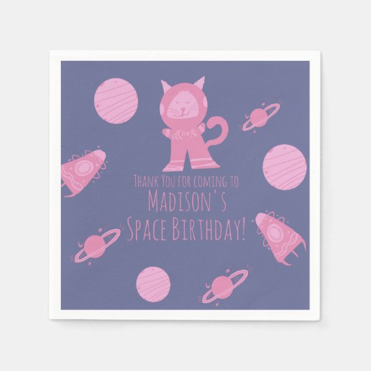 Weltraumkatze Pink Galaxy Geburtstag Serviette (Vorderseite)