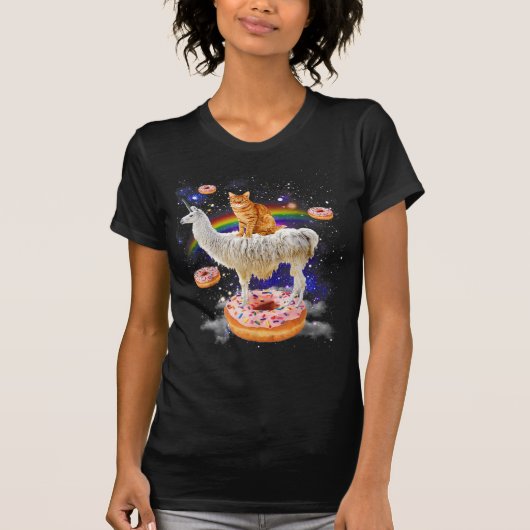 Weltraumkatze reitet Lama und Donuts Galaxie lusti T-Shirt (Vorderseite)