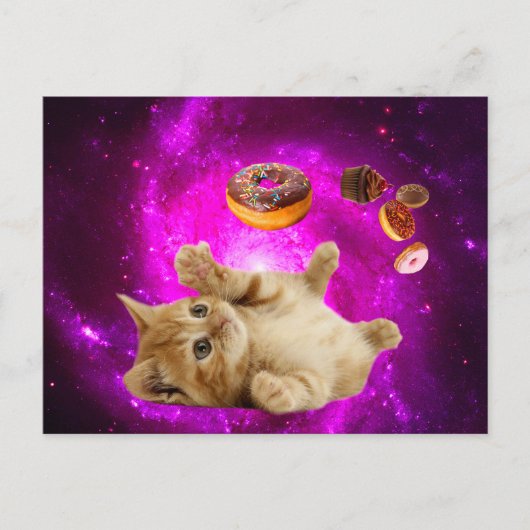 Weltraumkatze und die fliegenden Donuts Postkarte (Vorderseite)