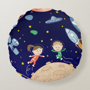 Weltraumkinder fliegen Raumschiff-Sterne Rundes Kissen