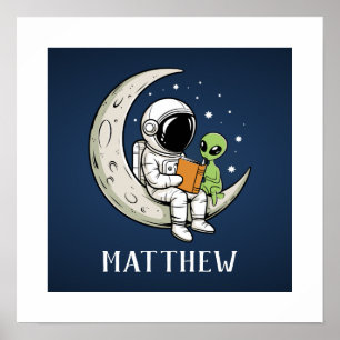 Weltraumleser und Alien auf dem Mond Poster