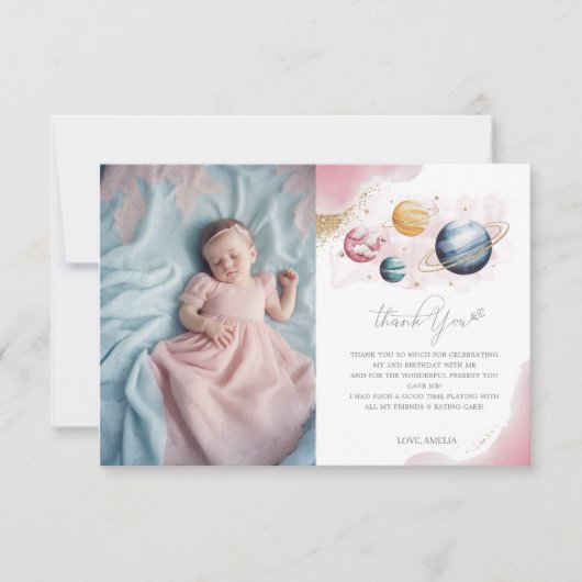 Weltraummädchen Geburtstagsgalaxie Sternenplaneten Dankeskarte (Vorderseite)