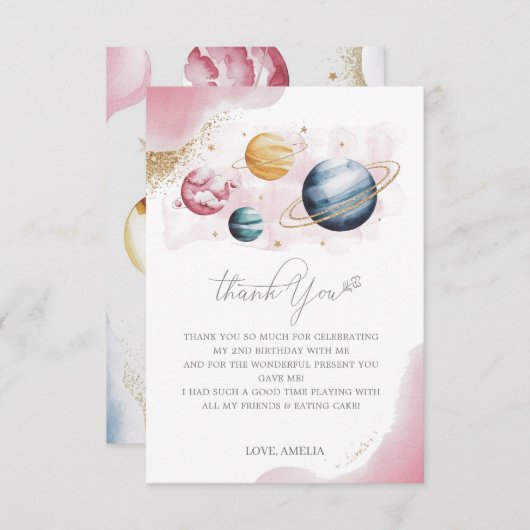 Weltraummädchen Geburtstagsgalaxie Sternenplaneten Dankeskarte (Vorne/Hinten)