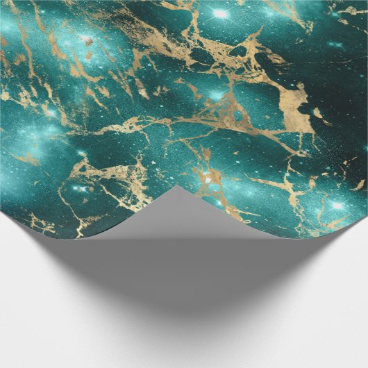 Weltraummarmor Black Green Starry Night Golden Geschenkpapier (Ecke)