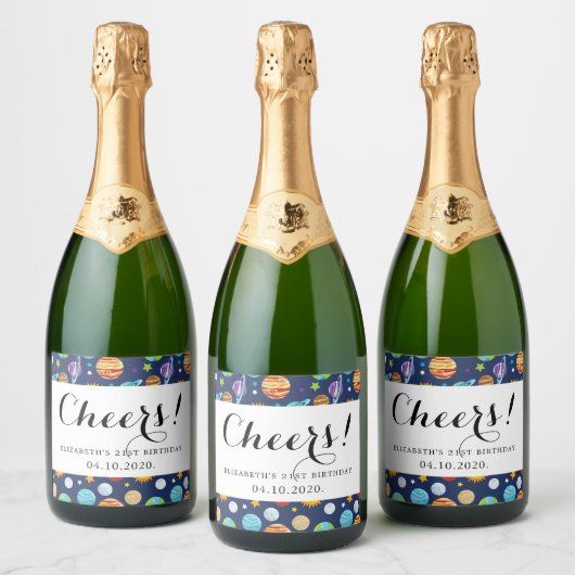 Weltraummuster, Planeten, Sterne, Kosmos, Geburtst Schaumweinetikett (Flaschen)