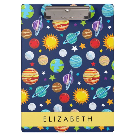 Weltraummuster, Planeten, Sterne, Kosmos, Ihr Name Klemmbrett (Vorderseite)