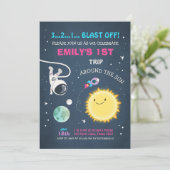 Weltraumpinke Girl 1. Geburtstag Einladung (Stehend Vorderseite)