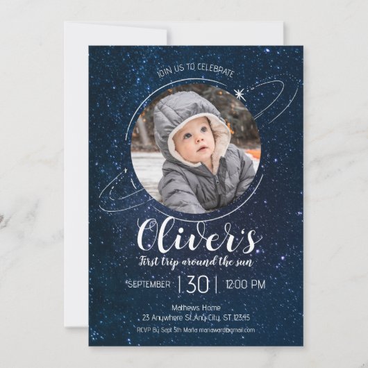 Weltraumplaner 1. Geburtstag Blast off Einladung (Vorderseite)