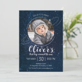 Weltraumplaner 1. Geburtstag Blast off Einladung (Stehend Vorderseite)