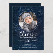 Weltraumplaner 1. Geburtstag Blast off Einladung (Vorne/Hinten)