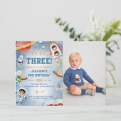 Weltraumplaner 3. Geburtstag Party Foto Einladung (Stehend Vorderseite)