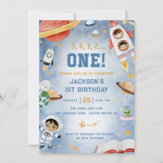 Weltraumplaner erste Geburtstagsparty Einladung (Vorderseite)