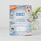 Weltraumplaner erste Geburtstagsparty Einladung (Stehend Vorderseite)