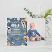 Weltraumplaner Erste Geburtstagsparty Foto Einladung (Stehend Vorderseite)