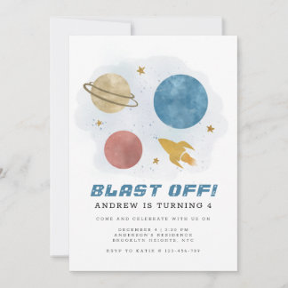 Weltraumplaner Wasserfarbe Vierte Geburtstag Einladung