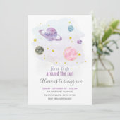 Weltraumplanet Mädchen zum ersten Geburtstag Einla Einladung (Stehend Vorderseite)