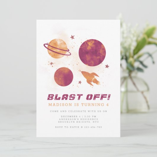 Weltraumplanet Wasserfarben Mädchen am 4. Geburtst Einladung (Stehend Vorderseite)