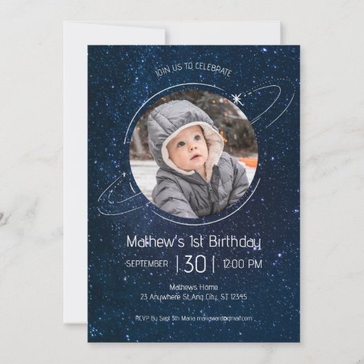 Weltraumplaneten 1. Geburtstag Einladung (Vorderseite)