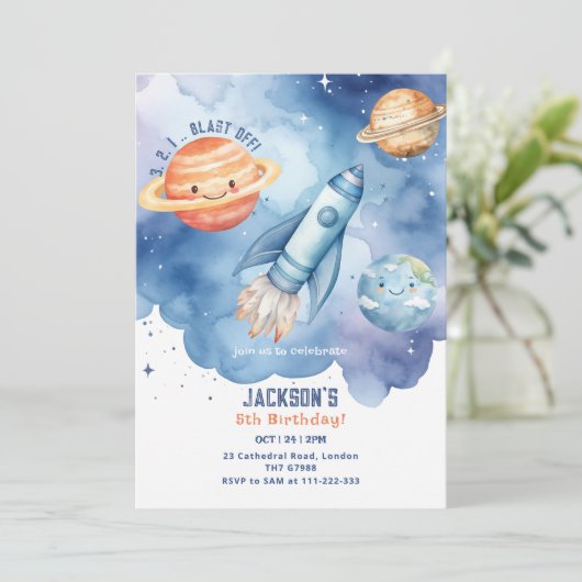 Weltraumplaneten abbrechen Geburtstagsparty Einladung (Stehend Vorderseite)