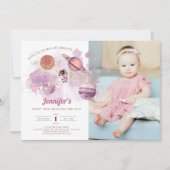 Weltraumplaneten Girl Pink erster Geburtstag Einladung (Vorderseite)