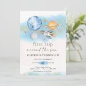 Weltraumplaneten Junge zum ersten Geburtstag Einladung (Stehend Vorderseite)