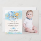 Weltraumplaneten Junge zum ersten Geburtstag Foto Einladung (Vorderseite)