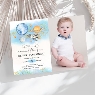 Weltraumplaneten Junge zum ersten Geburtstag Foto Einladung