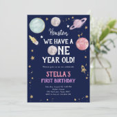 Weltraumplaneten Mädchen zum ersten Geburtstag Ein Einladung (Stehend Vorderseite)