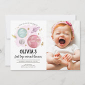 Weltraumplaneten Mädchen zum ersten Geburtstag Ein Einladung (Vorderseite)