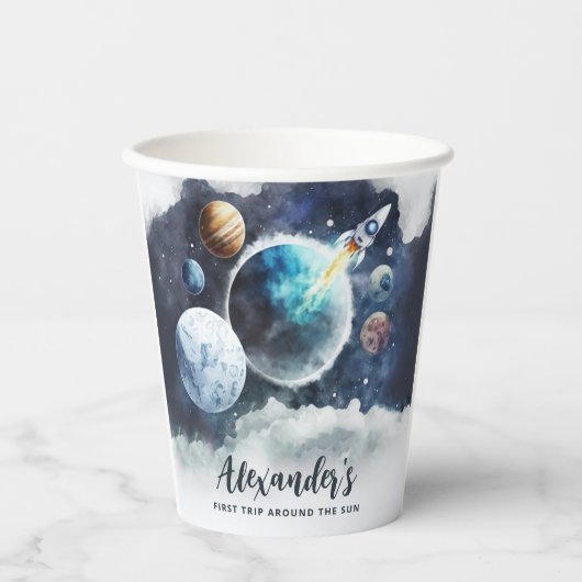 Weltraumplaneten & Raketenschiff Junge 1. Geburtst Pappbecher (Vorderseite)