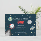 Weltraumplaneten Rocket zum ersten Geburtstag Einladung (Stehend Vorderseite)