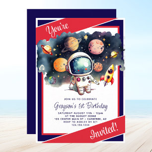 Weltraumplaneten Rot Weiß Blau Geburtstag Einladung
