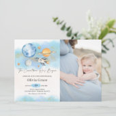 Weltraumplanets Boy First Baby Dusche Foto Einladung (Stehend Vorderseite)