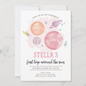 Weltraumplanets Girl First Trip 1. Geburtstag Einladung (Vorderseite)