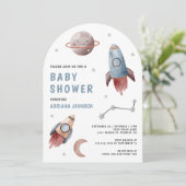 Weltraumplanets Rocket Arch Baby Dusche Einladung (Stehend Vorderseite)