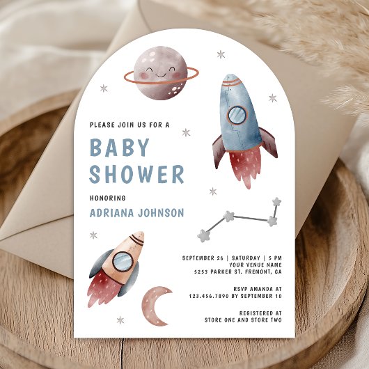 Weltraumplanets Rocket Arch Baby Dusche Einladung
