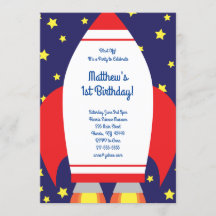 Weltraumrakete 1. Geburtstag Niedliche Einladungen