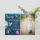 Weltraumrakete Foto Rainbow Ballon Rocket Einladung (Stehend Vorderseite)