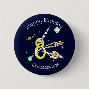 Weltraumraketen 8. Geburtstag Button
