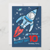 Weltraumraketen Kinder zum 10. Geburtstag - blaue  Einladung (Vorderseite)