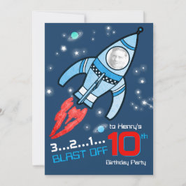 Weltraumraketen Kinder zum 10. Geburtstag - blaue  Einladung