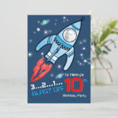 Weltraumraketen Kinder zum 10. Geburtstag - blaue  Einladung (Stehend Vorderseite)