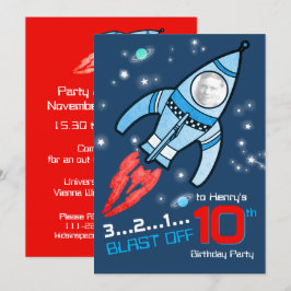 Weltraumraketen Kinder zum 10. Geburtstag - blaue Einladung
