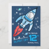 Weltraumraketen Kinder zum 12. Geburtstag - blaue Einladung (Vorderseite)