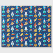 Weltraumraketen Planeten Ufo Stars Blu Wrapping Pa Geschenkpapier (Flach)