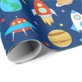 Weltraumraketen Planeten Ufo Stars Blu Wrapping Pa Geschenkpapier (Rolleneckpunkt)