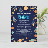 Weltraumraketen Planets Navy Blue Baby Dusche Einladung (Stehend Vorderseite)